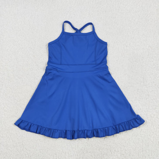 S0445换成S0551  NO MOQ Solid color blue sports dress swimsuit high quality athletic dress