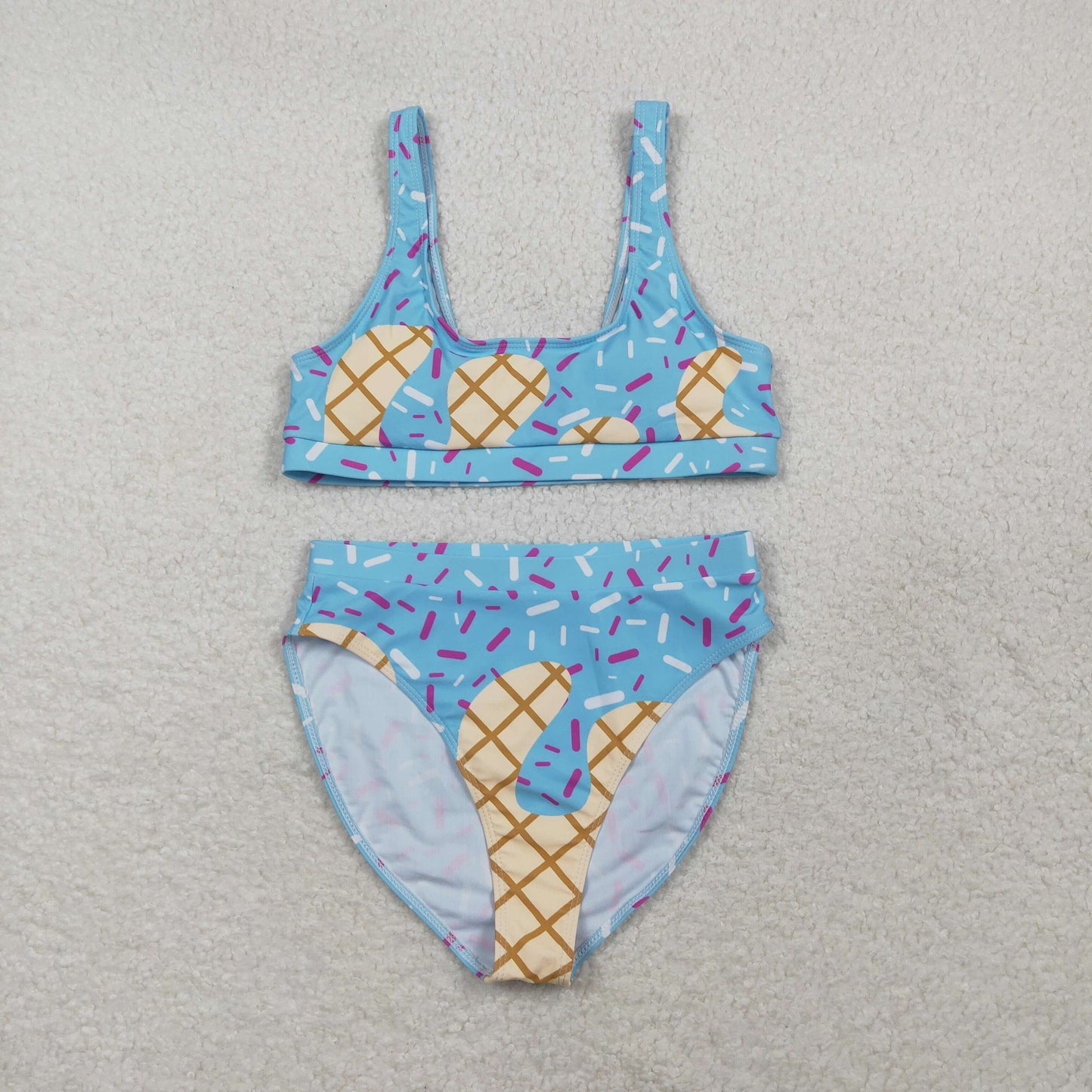 S0577 adult female waffle ice cream drip light blue swimwear vest and briefs sets 202603 RTS