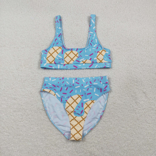 S0577 adult female waffle ice cream drip light blue swimwear vest and briefs sets 202603 RTS