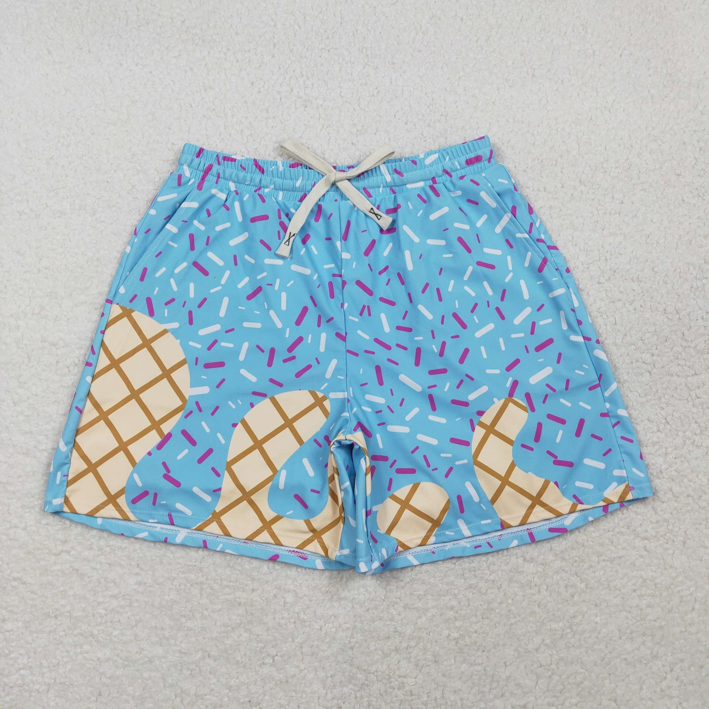 S0578 Light Blue Waffle Ice Cream Drip Adult Man Swimming Trunks 202603 RTS
