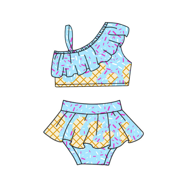 Preorder S0579 Light Blue Waffle Ice Cream Drip Ruffle Sleeveless Briefs Girls Boutique Swimming Sets 202508