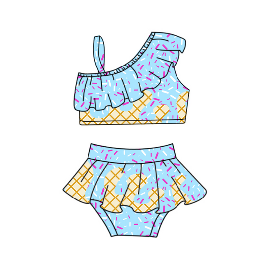Preorder S0579 Light Blue Waffle Ice Cream Drip Ruffle Sleeveless Briefs Girls Boutique Swimming Sets 202508