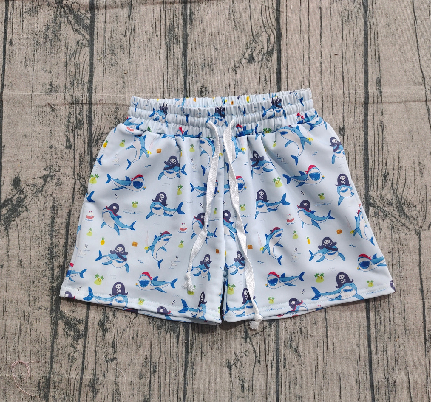 NO MOQ Preorder S0586 Pirate Shark Light Blue Shorts Boys Swimming Trunks 202511