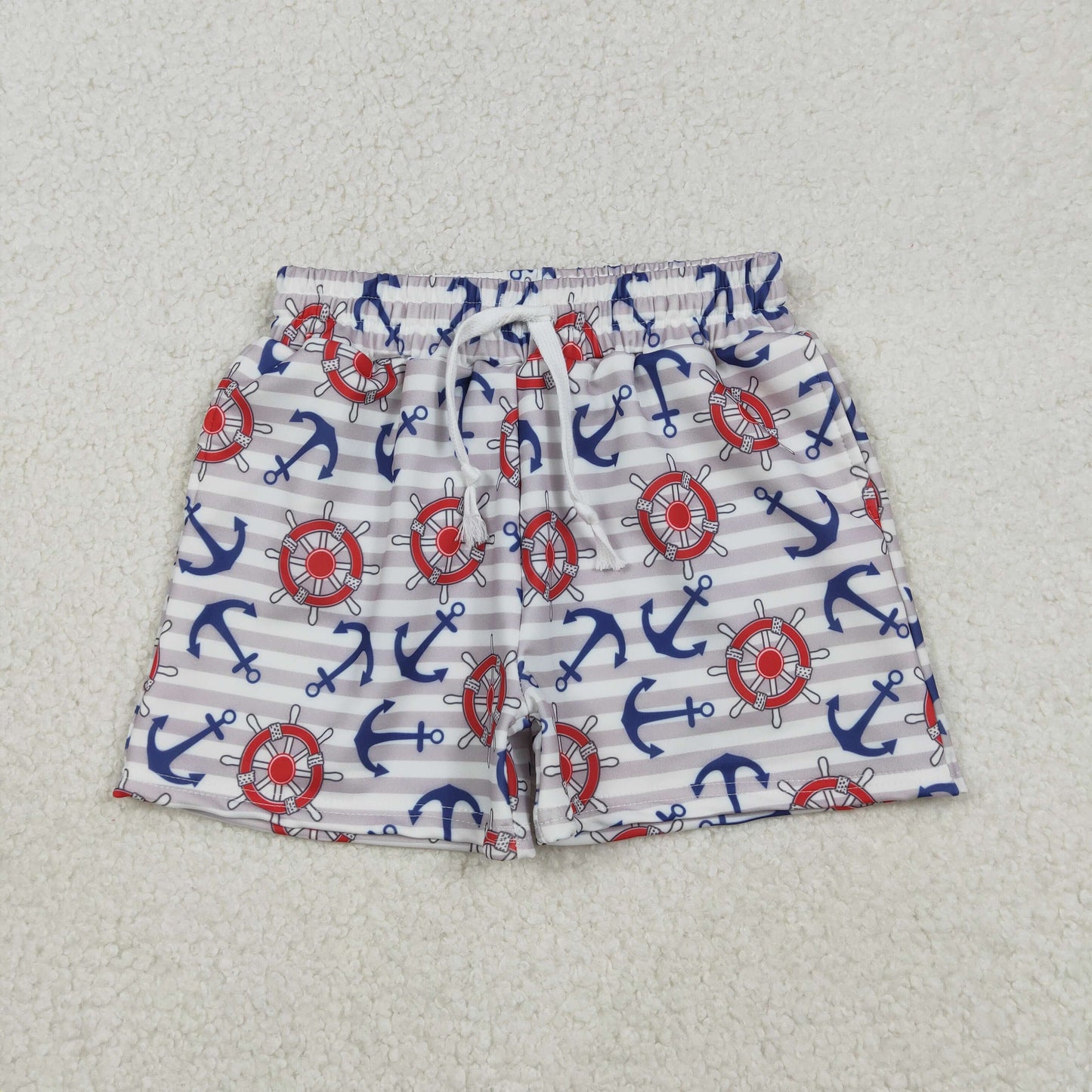 S0589 Anchor Rudder Gray Striped Shorts Boys Swimming Trunks 202512 RTS
