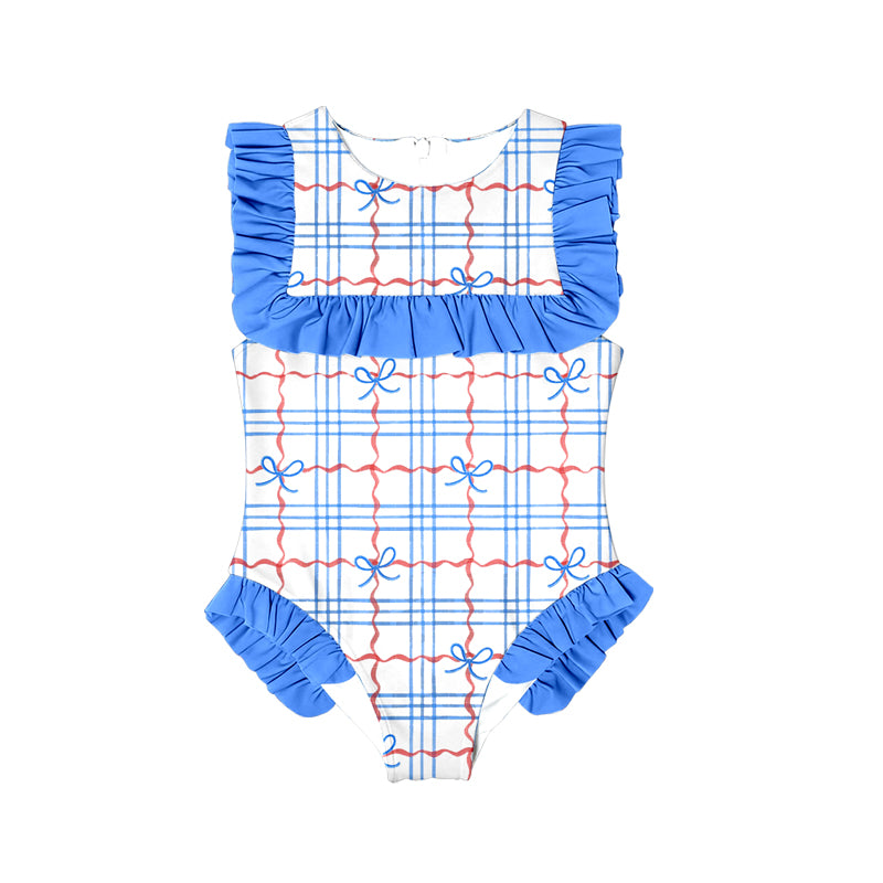 MOQ 5 Preorder S0590 Colored Plaid Bows Blue Ruffle Sleeveless Girls Swimming Romper 202510