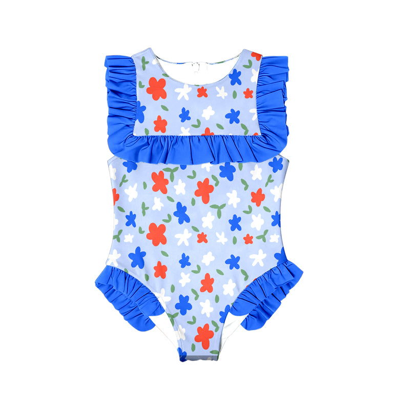 MOQ 5 Preorder S0592 Colored Flower Blue Ruffle Sleeveless Girls Swimming Romper 202510