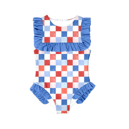 MOQ 5 Preorder S0593 Colored Plaid Blue Ruffle Sleeveless Girls Swimming Romper 202510
