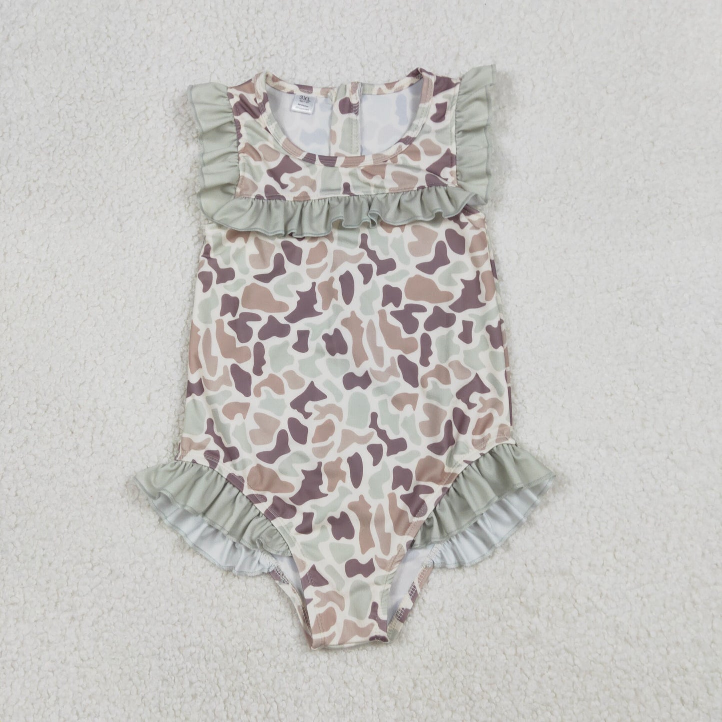 S0595 Camouflage Light Green Ruffle Sleeveless Girls Swimming Romper 202601 RTS