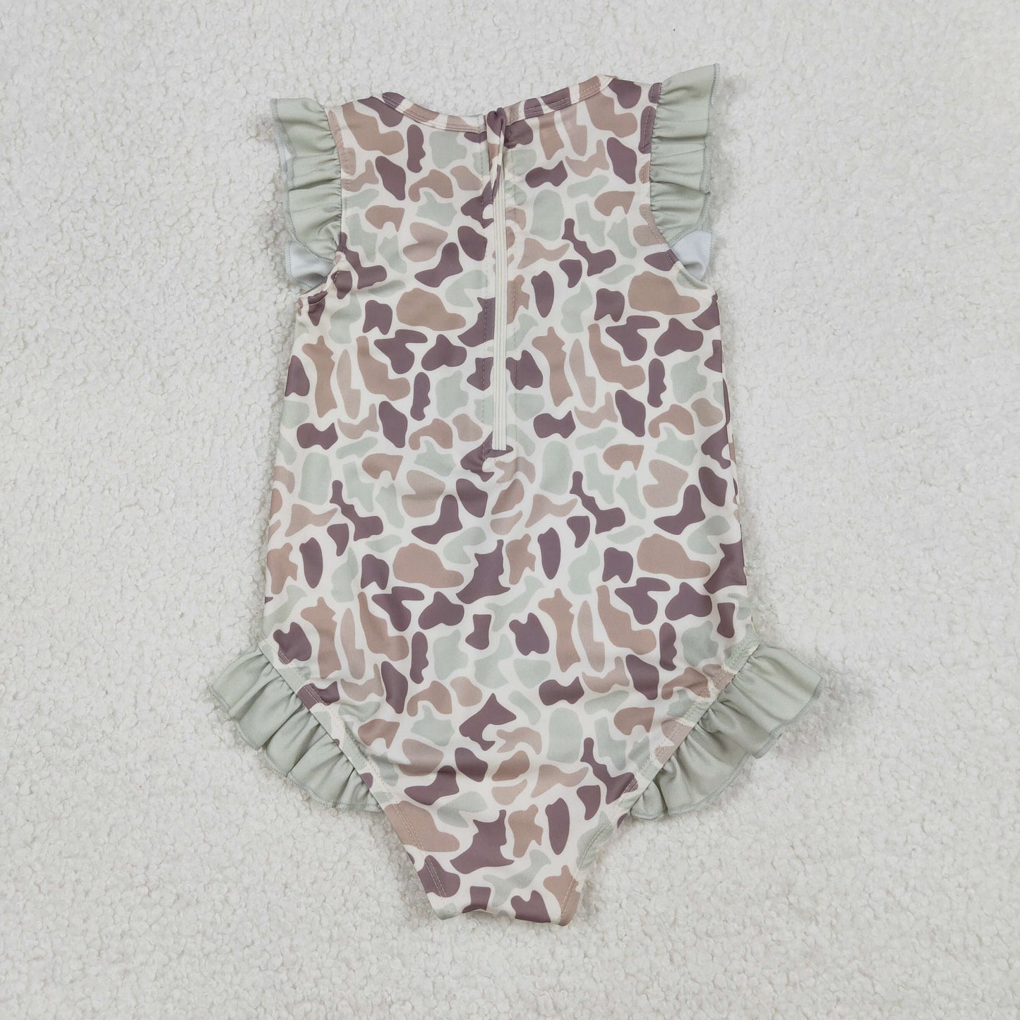 S0595 Camouflage Light Green Ruffle Sleeveless Girls Swimming Romper 202601 RTS