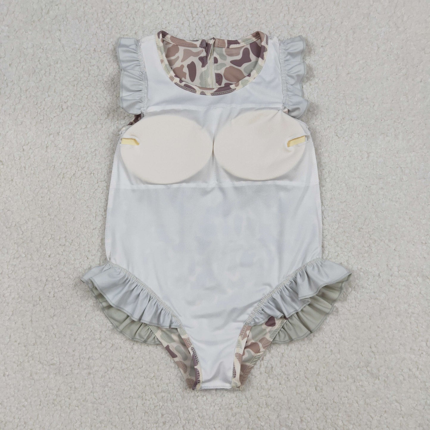 S0595 Camouflage Light Green Ruffle Sleeveless Girls Swimming Romper 202601 RTS