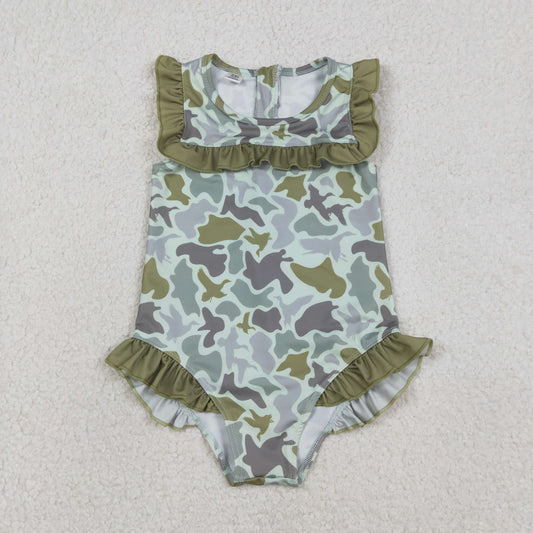 S0596 Camouflage Army Green Ruffle Sleeveless Girls Swimming Romper 202601 RTS