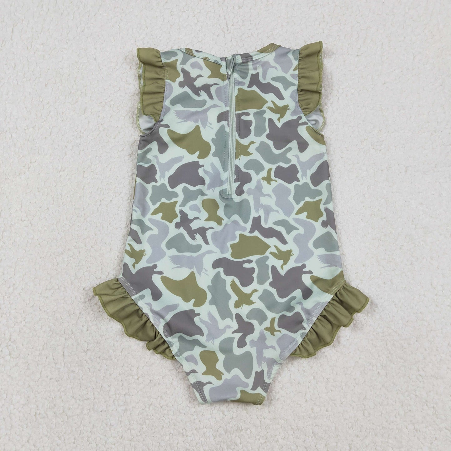S0596 Camouflage Army Green Ruffle Sleeveless Girls Swimming Romper 202601 RTS
