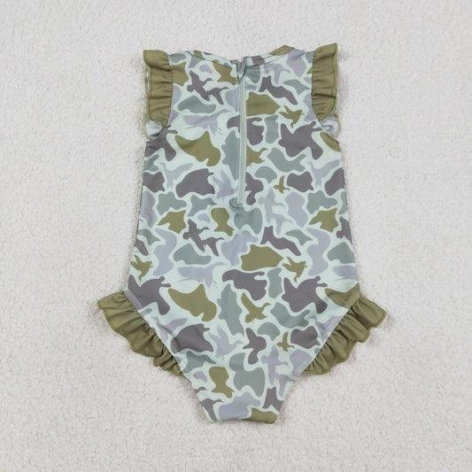S0596 Camouflage Army Green Ruffle Sleeveless Girls Swimming Romper 202601 RTS