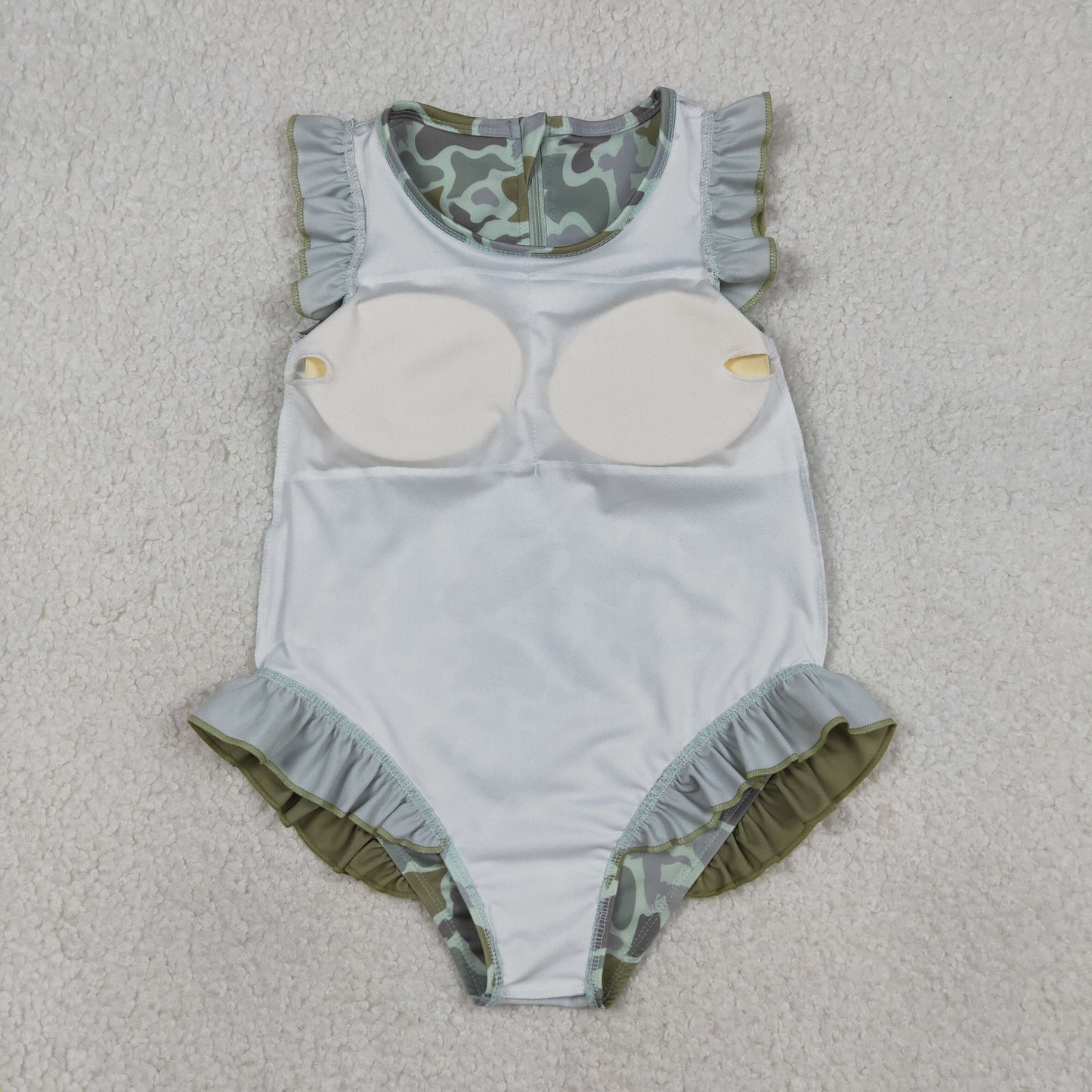 S0596 Camouflage Army Green Ruffle Sleeveless Girls Swimming Romper 202601 RTS