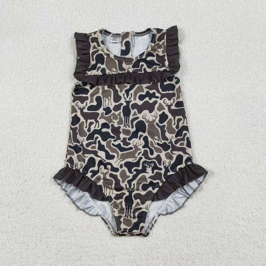 S0597 Deer Hunting Camouflage Brown Ruffle Sleeveless Girls Swimming Romper 202512 RTS