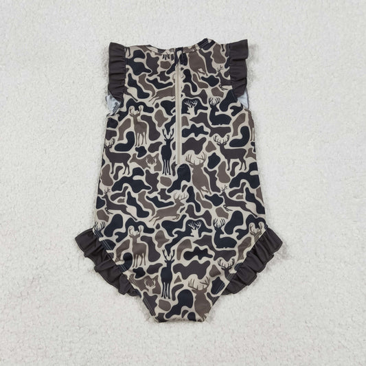 S0597 Deer Hunting Camouflage Brown Ruffle Sleeveless Girls Swimming Romper 202512 RTS
