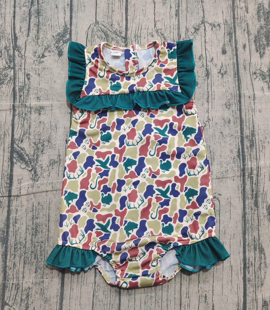 NO MOQ Preorder S0598 Duck Hunting Camouflage Green Ruffle Sleeveless Girls Swimming Romper 202511