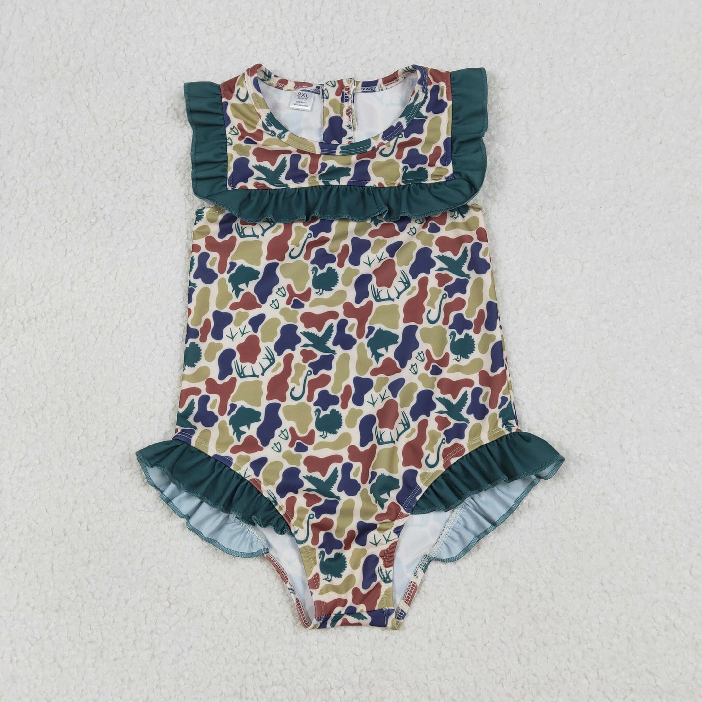 S0598 Duck Hunting Camouflage Green Ruffle Sleeveless Girls Swimming Romper 202601 RTS