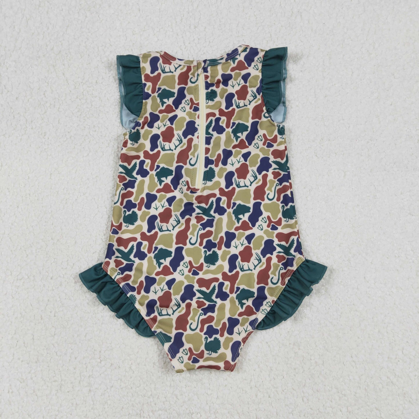 S0598 Duck Hunting Camouflage Green Ruffle Sleeveless Girls Swimming Romper 202601 RTS