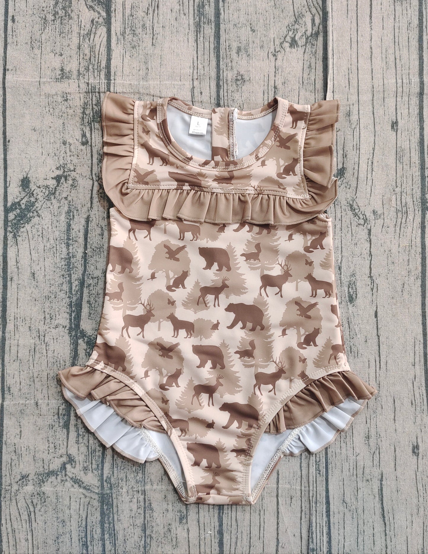 NO MOQ Preorder S0599 Deer Duck Bear Animal Pine Ruffle Sleeveless Girls Swimming Romper 202511