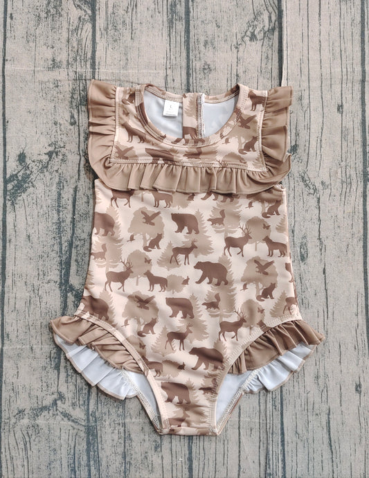 NO MOQ Preorder S0599 Deer Duck Bear Animal Pine Ruffle Sleeveless Girls Swimming Romper 202511