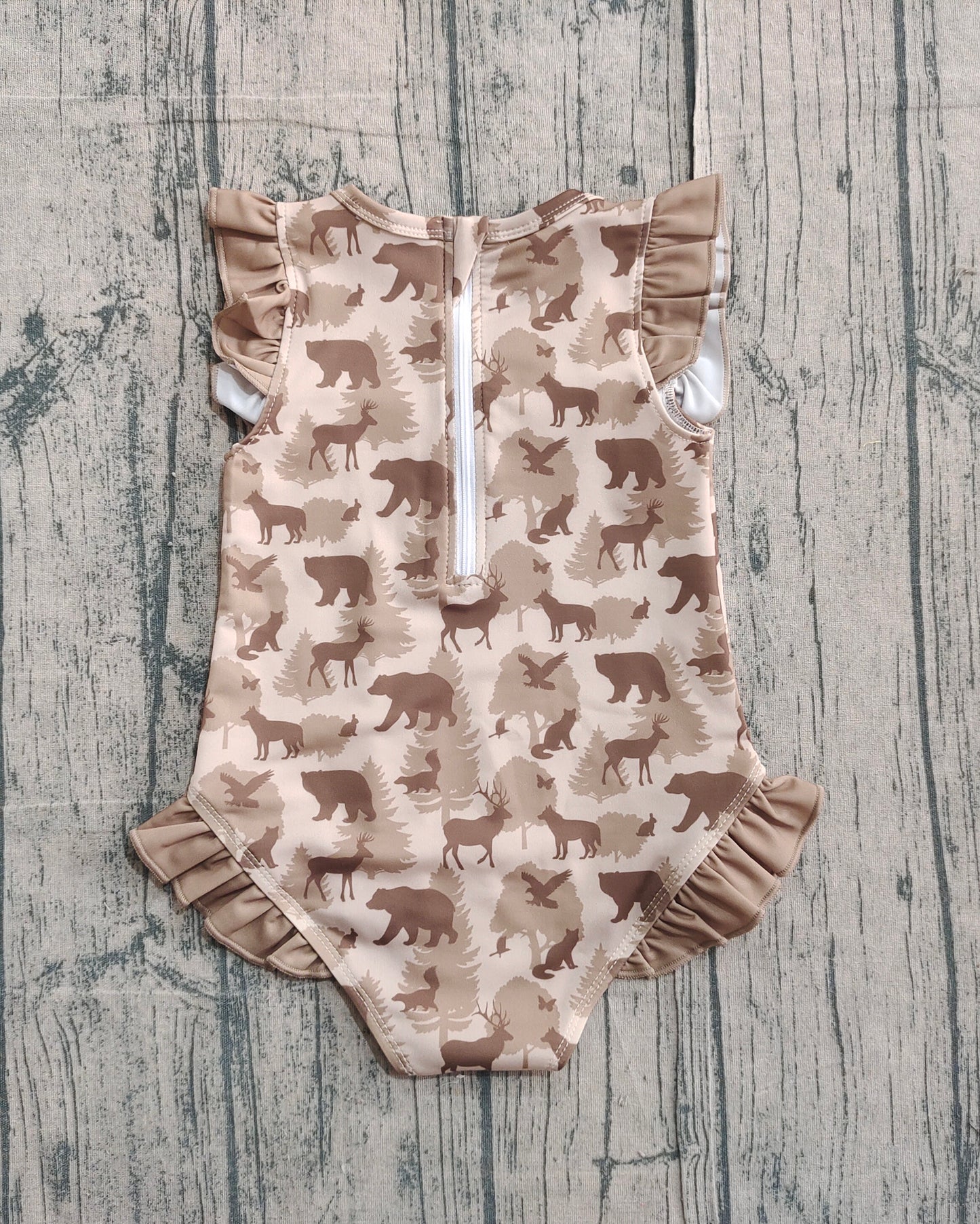 NO MOQ Preorder S0599 Deer Duck Bear Animal Pine Ruffle Sleeveless Girls Swimming Romper 202511