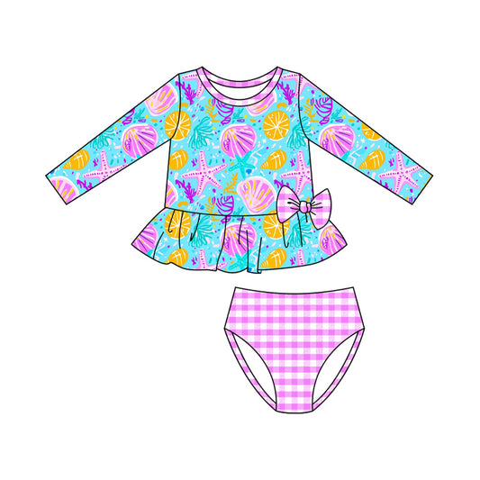 MOQ 5 Preorder S0600 Seashells Starfish Seaweed Long Sleeve Top Rose Red Plaid Briefs Girls Swimsuits 202510