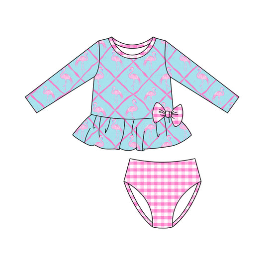 MOQ 5 Preorder S0601 Flamingo Plaid Bows Blue Long Sleeve Top Pink Plaid Briefs Girls Swimsuits 202510