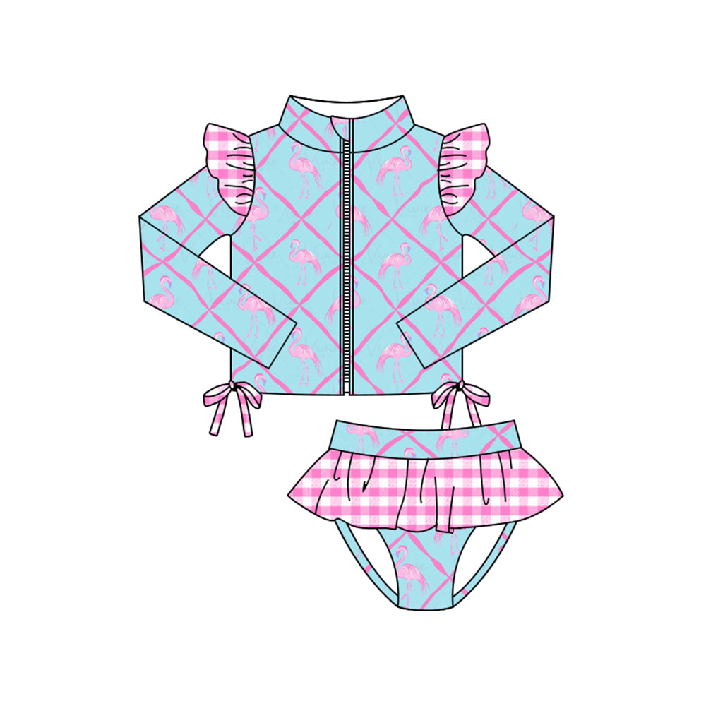 MOQ 5 Preorder S0604 Flamingo Plaid Bows Blue Zipper Long Sleeve Top Pink Plaid Ruffle Briefs Girls Swimsuits 202510