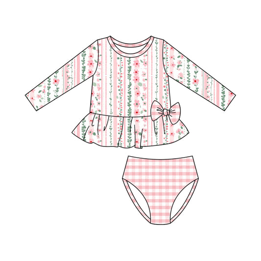 MOQ 5 PCS Preorder S0610 Flower Leaf Stripe Pink Bow Long Sleeve Top Plaid Briefs Girls Swimsuits 202511