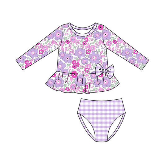 MOQ 5 PCS Preorder S0611 Flower Leaf Stripe Purple Bow Long Sleeve Top Plaid Briefs Girls Swimsuits 202511