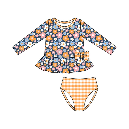 MOQ 5 PCS Preorder S0613 Colored Flower Orange Bow Long Sleeve Top Plaid Briefs Girls Swimsuits 202511