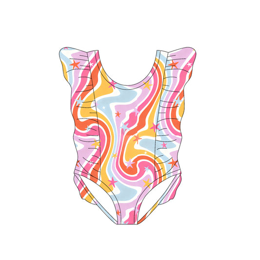 MOQ 5 PCS Preorder S0615 Star Fluid Pattern Ruffle Flying Sleeve Girls Swim Jumpsuits Swimsuits 202511