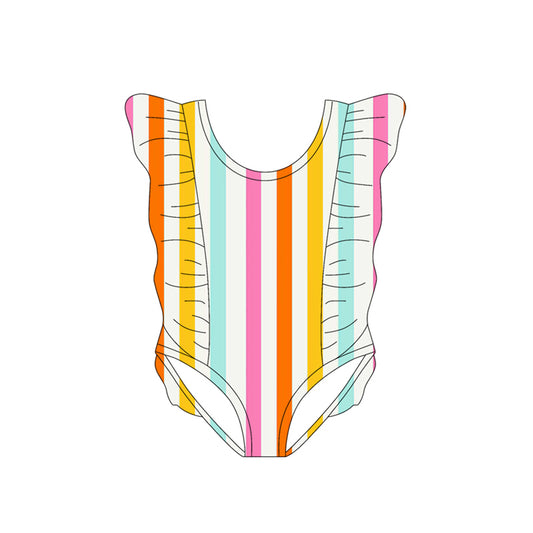 MOQ 5 PCS Preorder S0616 Colored Stripe Ruffle Flying Sleeve Girls Swim Jumpsuits Swimsuits 202511