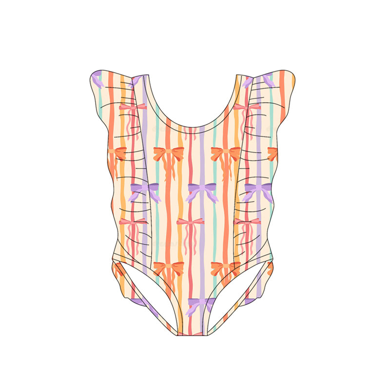 MOQ 5 PCS Preorder S0617 Colored Bows Stripe Ruffle Flying Sleeve Girls Swim Jumpsuits Swimsuits 202511