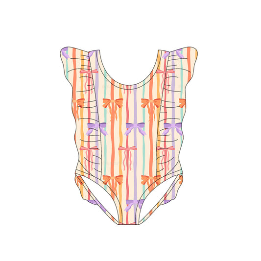 MOQ 5 PCS Preorder S0617 Colored Bows Stripe Ruffle Flying Sleeve Girls Swim Jumpsuits Swimsuits 202511
