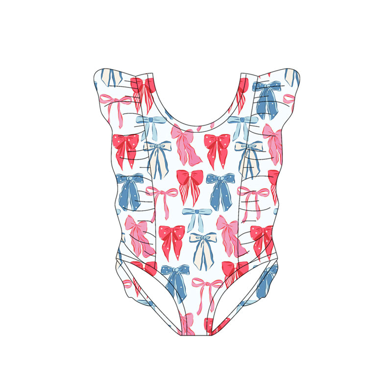 MOQ 5 PCS Preorder S0618 Colored Bows Ruffle Flying Sleeve Light Blue Girls Swim Jumpsuits Swimsuits 202511