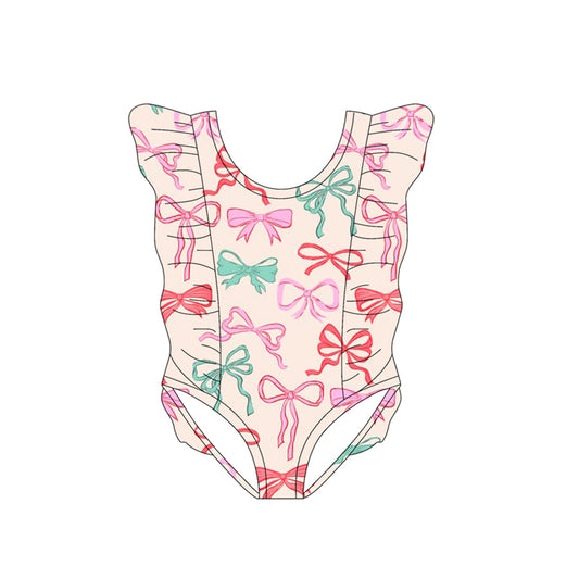 MOQ 5 PCS Preorder S0619 Colored Bows Ruffle Flying Sleeve Beige Pink Girls Swim Jumpsuits Swimsuits 202511