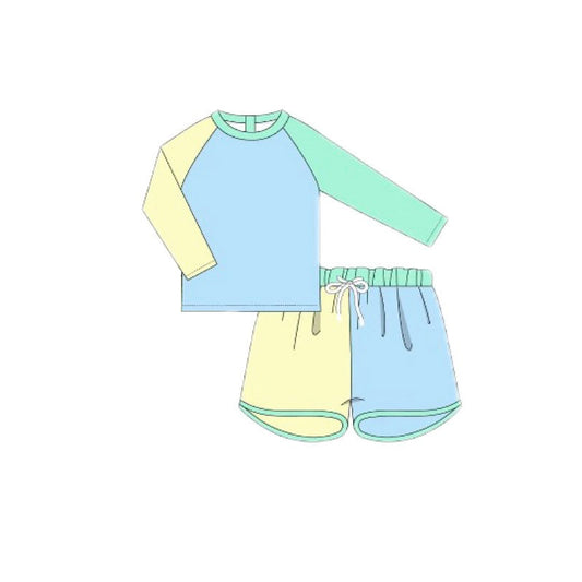 MOQ 5 PCS Preorder S0634 Solid Yellow Blue Green Blocked Long Sleeve Shorts Boys Swim Sets Swimsuits 202511