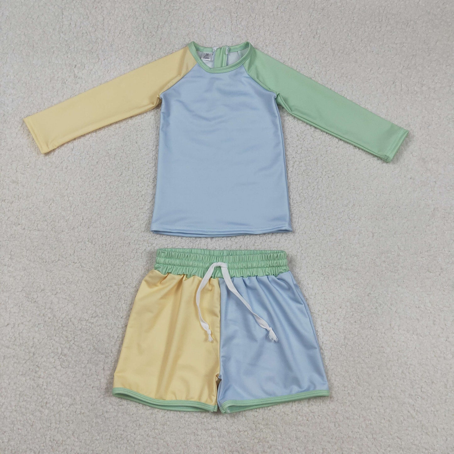 S0634 Solid Yellow Blue Green Blocked Long Sleeve Shorts Boys Swim Sets Swimsuits 202603 RTS