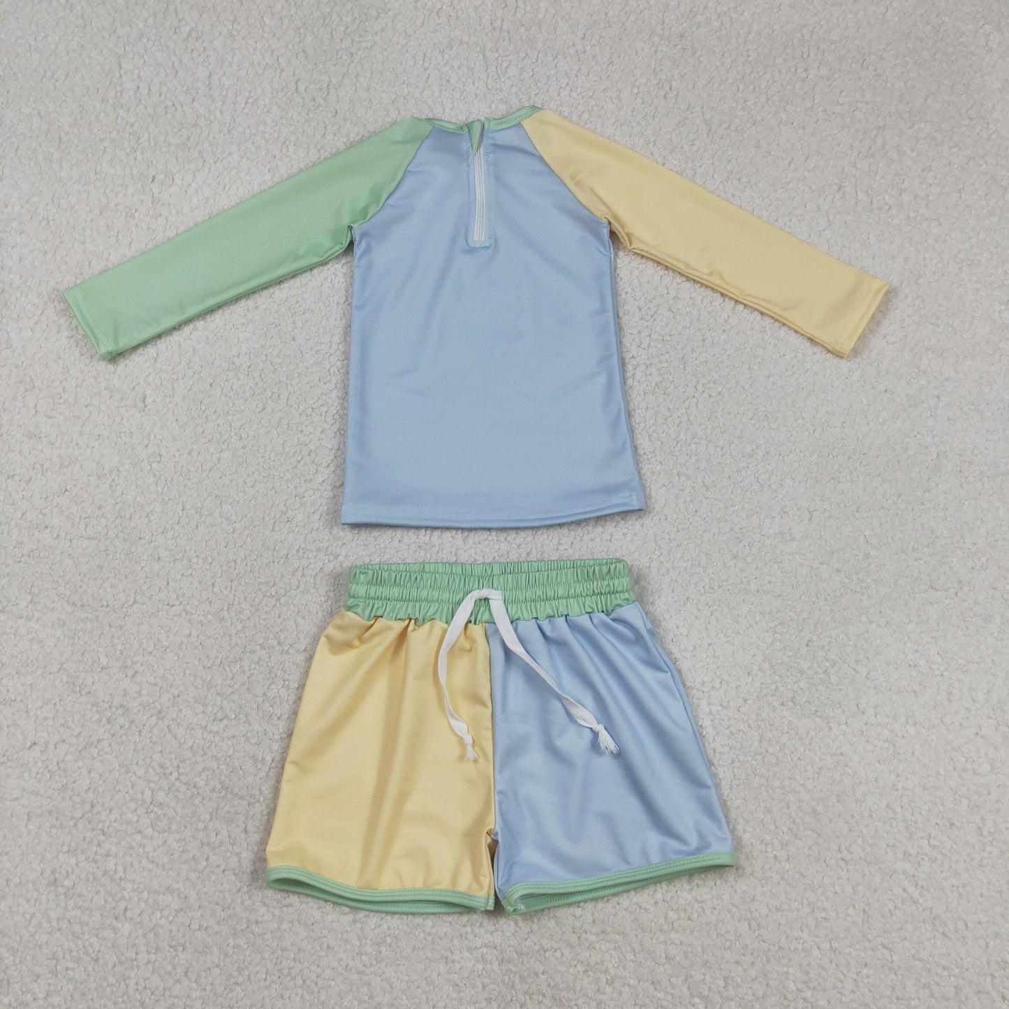S0634 Solid Yellow Blue Green Blocked Long Sleeve Shorts Boys Swim Sets Swimsuits 202603 RTS