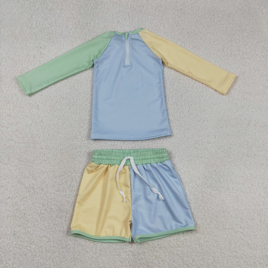 S0634 Solid Yellow Blue Green Blocked Long Sleeve Shorts Boys Swim Sets Swimsuits 202603 RTS