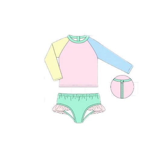 MOQ 5 PCS Preorder S0637 Solid Yellow Pink Blue Green Blocked Ruffle Long Sleeve Bummies Girls Swim Sets Swimsuits 202511