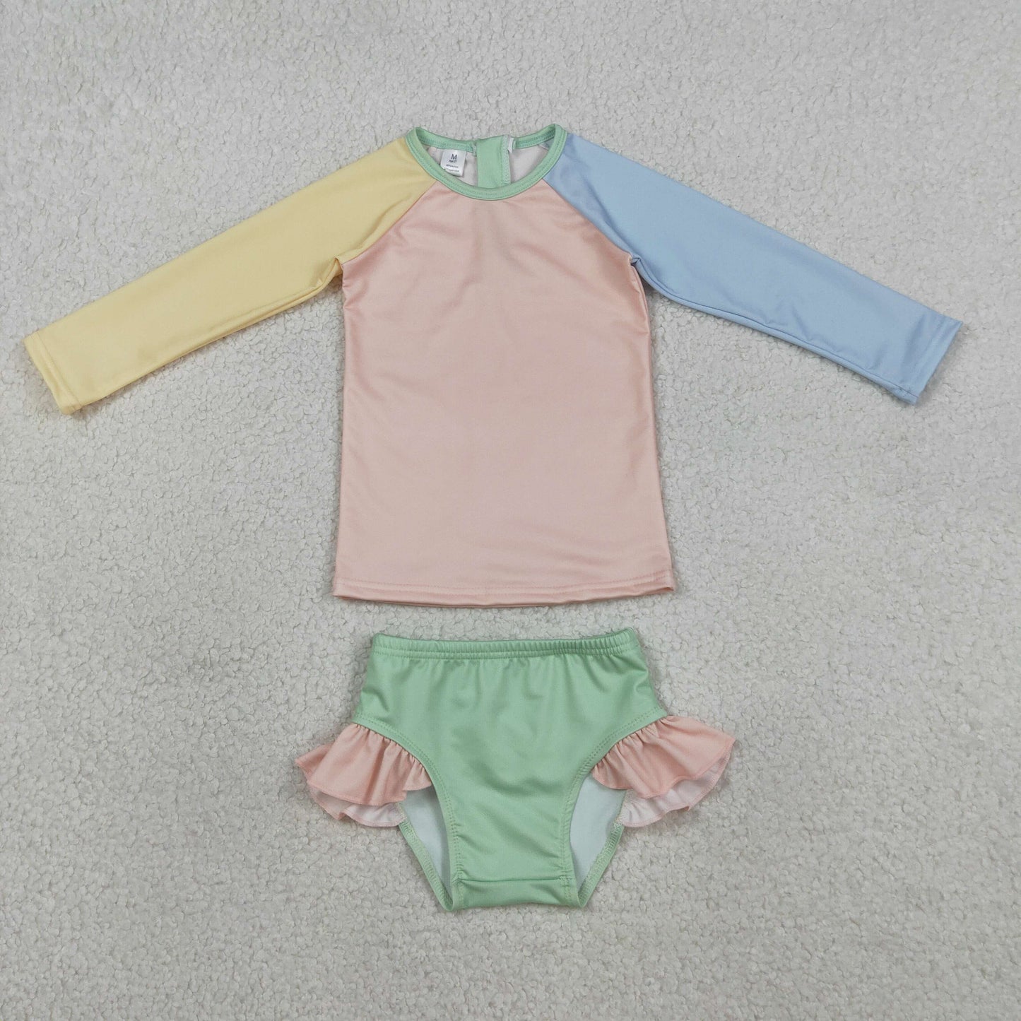 S0637 Solid Yellow Pink Blue Green Blocked Ruffle Long Sleeve Bummies Girls Swim Sets Swimsuits 202603 RTS