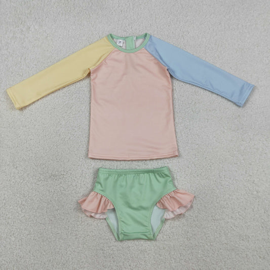 S0637 Solid Yellow Pink Blue Green Blocked Ruffle Long Sleeve Bummies Girls Swim Sets Swimsuits 202603 RTS