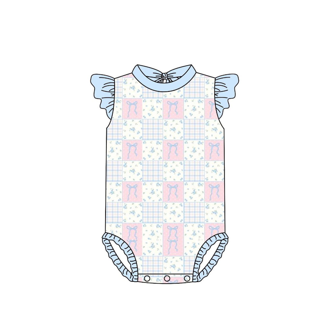 MOQ 5 PCS Preorder S0640 Bows Floral Plaid Blue Flying Sleeve Bubble Romper Girls Swim Swimsuits 202511