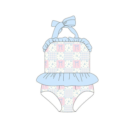 MOQ 5 PCS Preorder S0641 Bows Floral Plaid Blue Ruffle Halter Bubble Romper Girls Swim Swimsuits 202511
