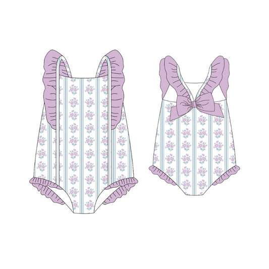 MOQ 5 PCS Preorder S0643 Floral Purple Ruffle Sleeveless Bubble Romper Girls Swim Swimsuits 202511