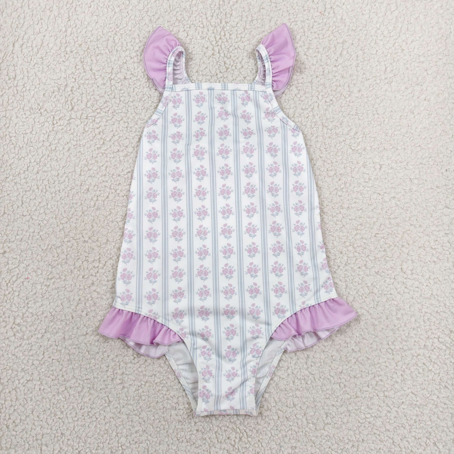 S0643 Floral Purple Ruffle Sleeveless Bubble Romper Girls Swim Swimsuits 202606 RTS