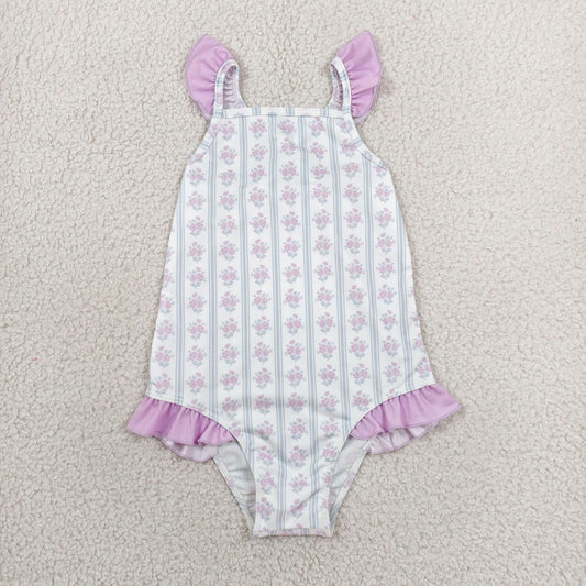 S0643 Floral Purple Ruffle Sleeveless Bubble Romper Girls Swim Swimsuits 202606 RTS